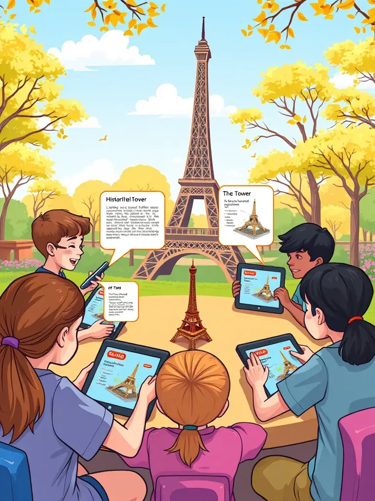 A group of students on a school trip using Veduta on their tablets to explore the history of the Eiffel Tower, with pop-up historical facts and 3D models appearing on their screens.