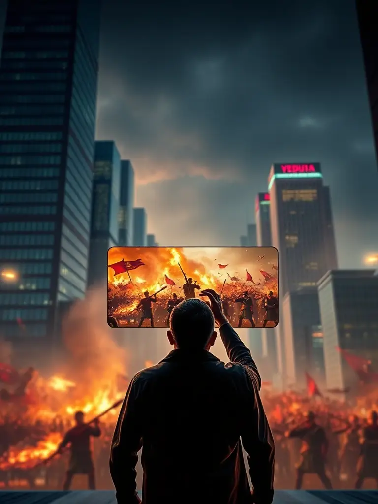 A person using the Veduta app to view a historical battle scene superimposed onto a modern-day landscape, with realistic sound effects and animations enhancing the experience.