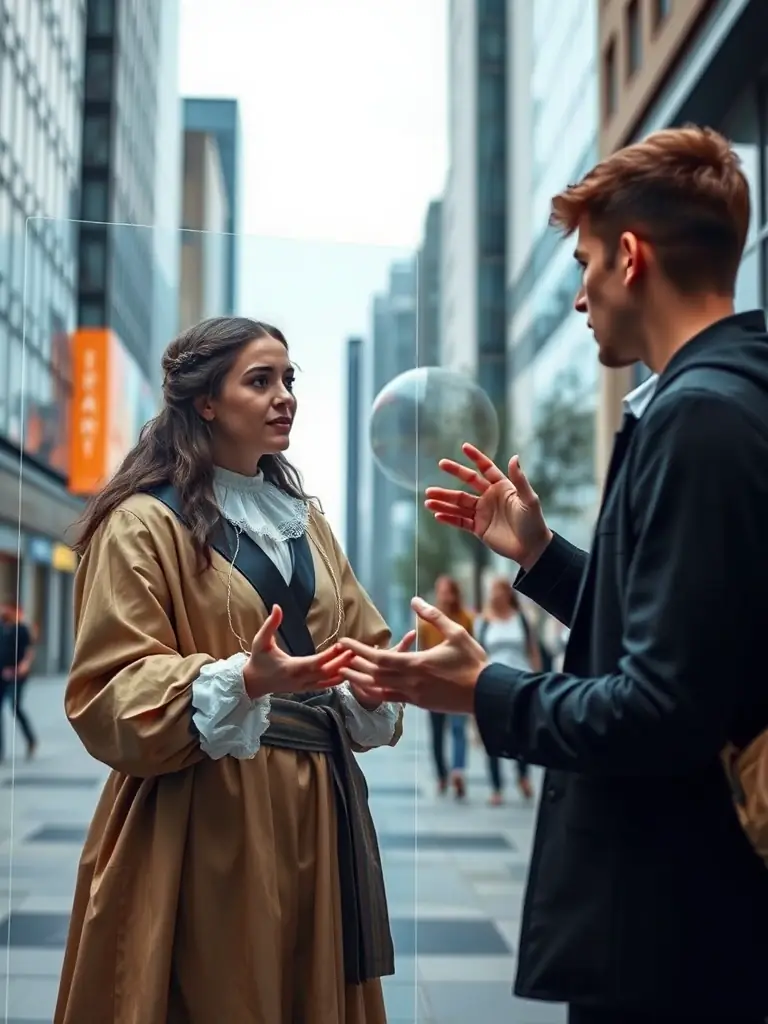 A user interacting with a virtual historical figure through the Veduta app, asking questions and receiving informative answers in real-time.